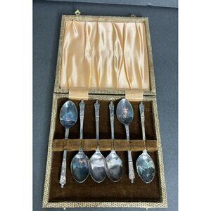 6 EPNS Monk Apostle Demitasse Coffee Tea Spoons Case Priest 4 3/8" Silverplate